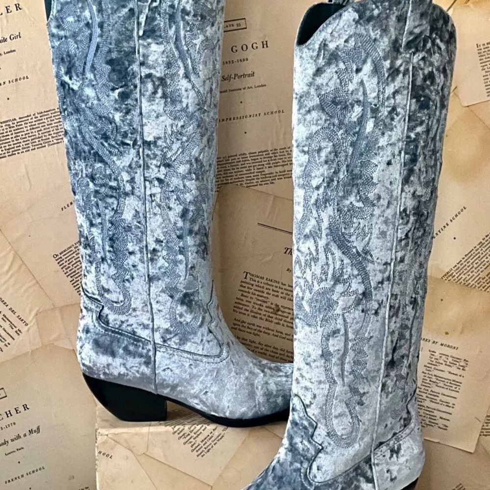 Free People Jeffrey Campbell Finn Tall Western Boots Aqua Blue Velvet - Picture 3 of 8